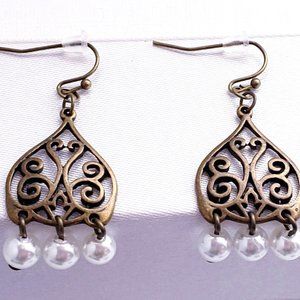 Bronze Ornate Pear Shaped Earrings with Dangle Pearls